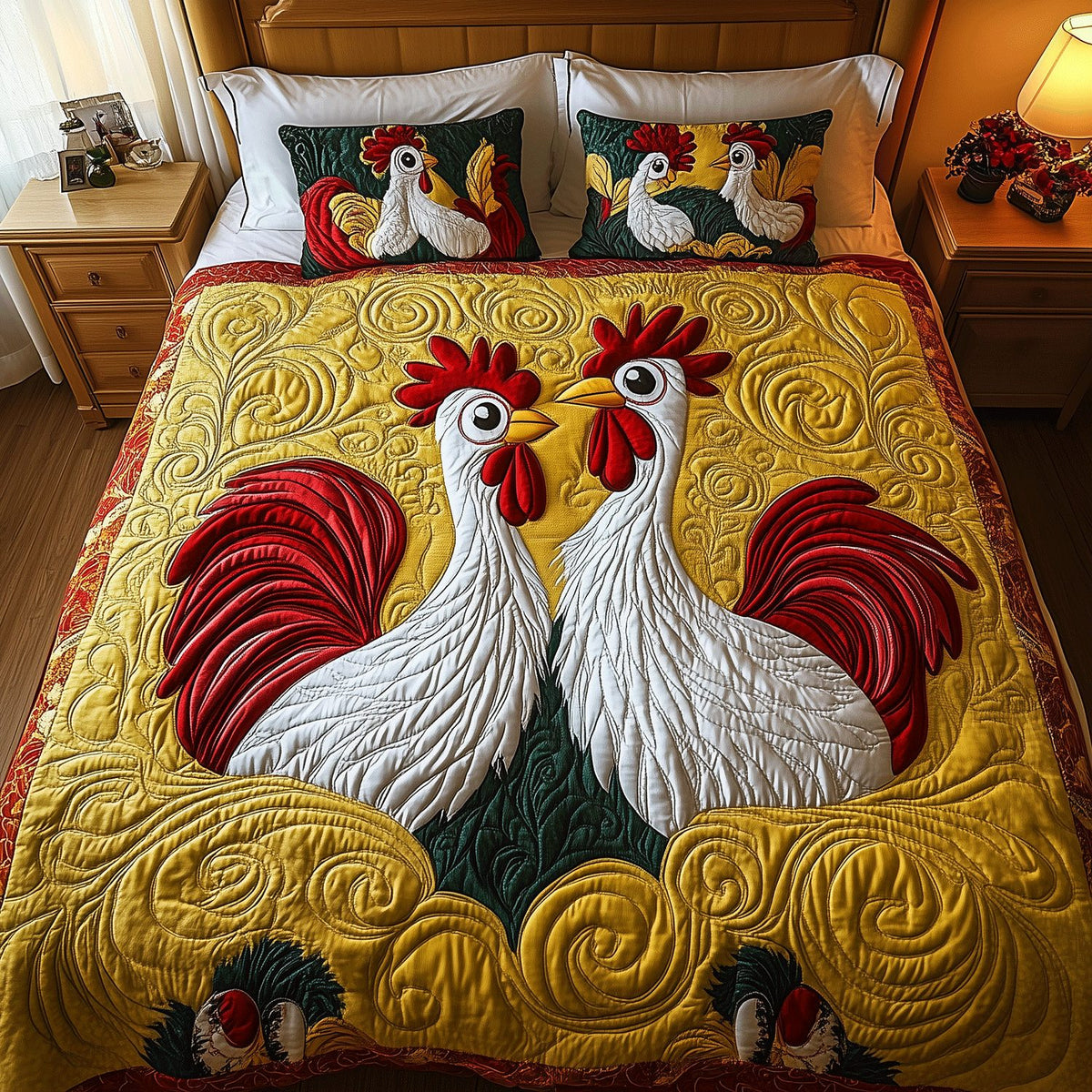 Crazy Coop quilted 3-piece bedding set on a made bed with two matching pillow shams