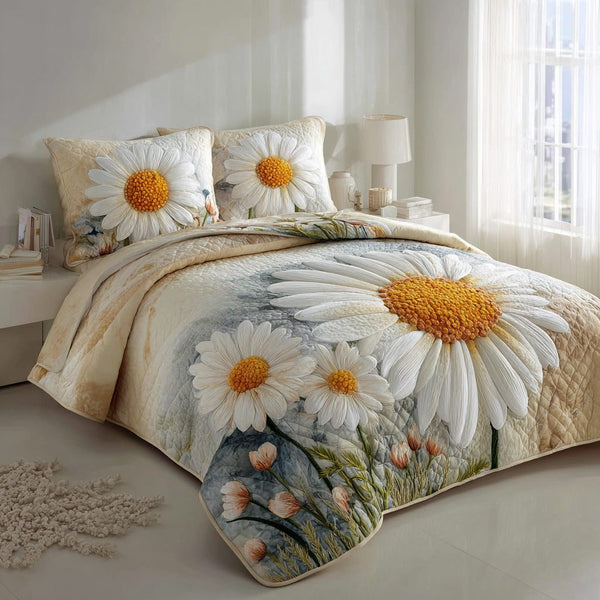 Cream Daisies quilted 3-piece bedding set on a made bed with two matching pillow shams