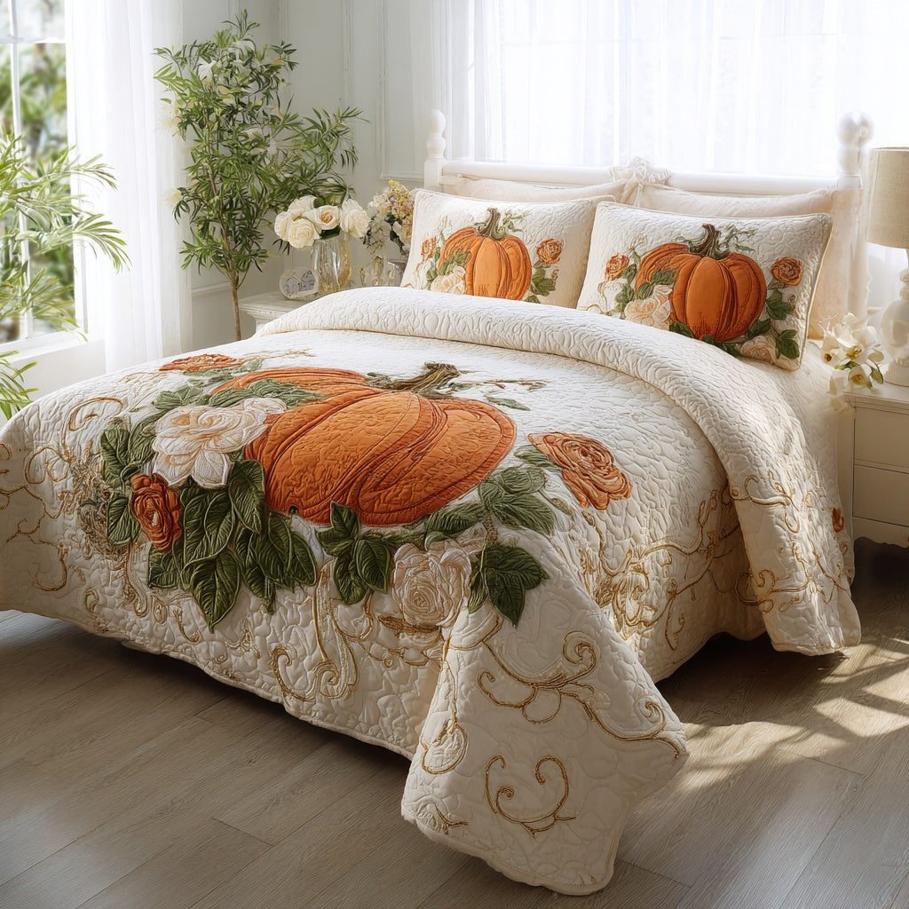 Cream Pumpkin quilted 3-piece bedding set on a made bed against a dark styled interior