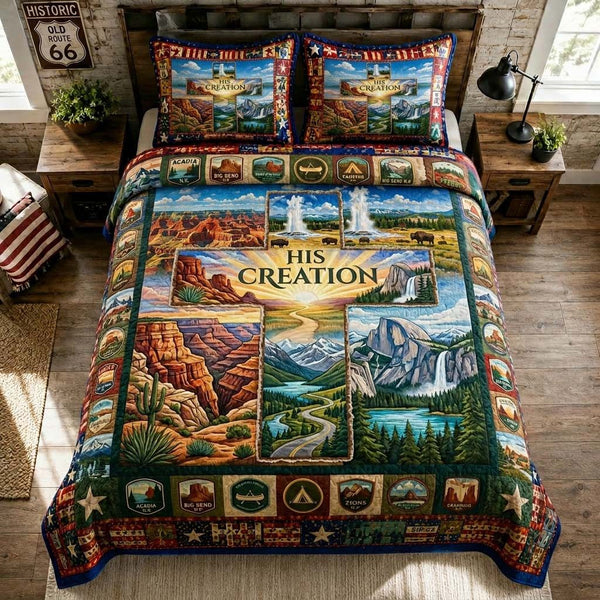 Creation Parks Cross quilted 3-piece bedding set on a made bed in a softly lit bedroom