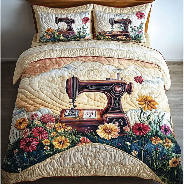 Creative Sewing Machine quilted 3-piece bedding set on a made bed with two matching pillow shams