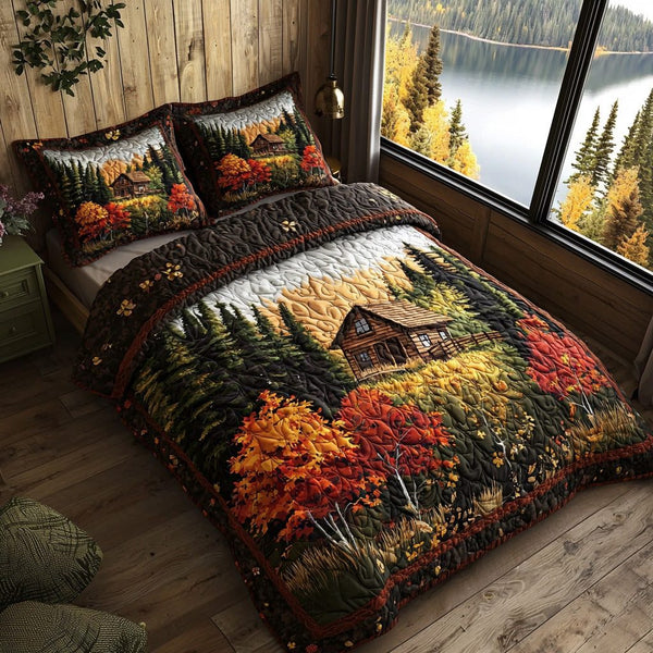 Creekside Cabin quilted 3-piece bedding set on a made bed with two matching pillow shams