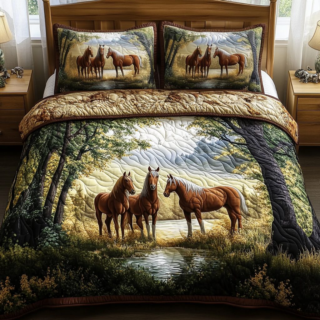Creekside Charm quilted 3-piece bedding set on a made bed with two matching pillow shams