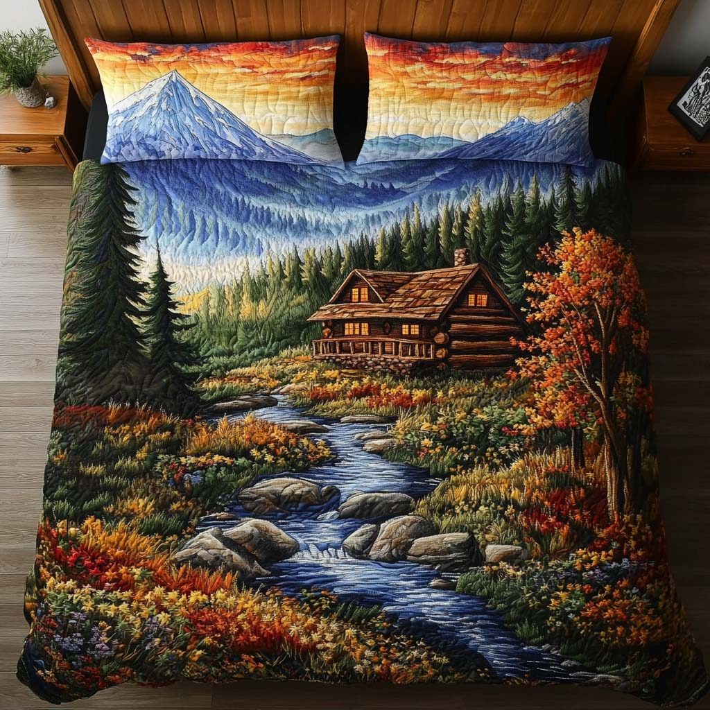 Creekside Retreat quilted 3-piece bedding set on a made bed with two matching pillow shams