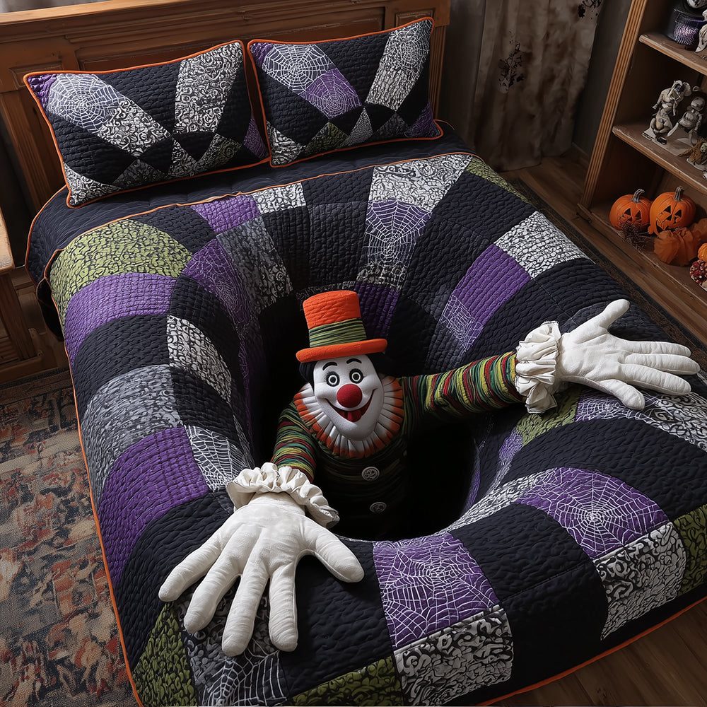 Creepy Clown quilted 3-piece bedding set on a made bed against a dark styled interior