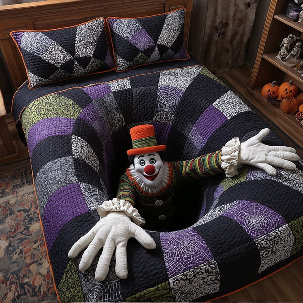 Creepy Clown quilted 3-piece bedding set on a made bed against a dark styled interior
