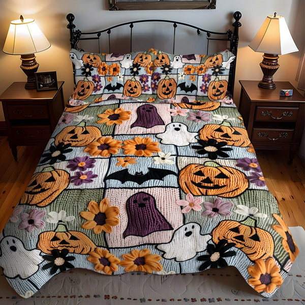 Creepy Corners quilted 3-piece bedding set on a made bed against a dark styled interior