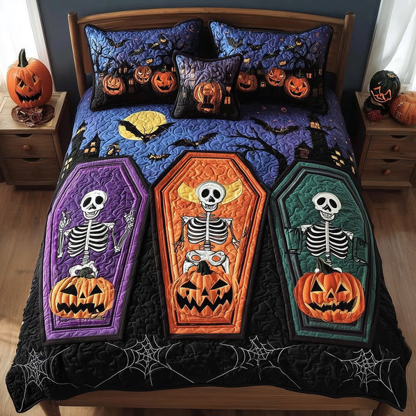 Creepy Cozy quilted 3-piece bedding set on a made bed against a dark styled interior