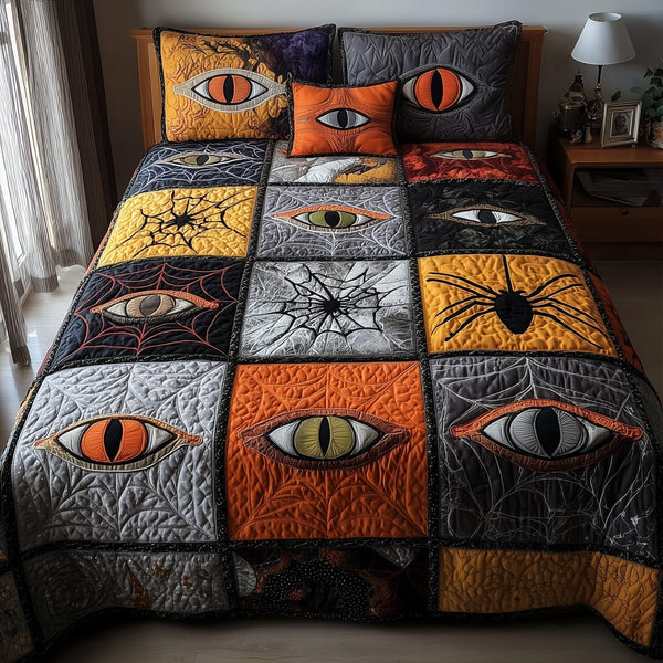 Creepy Halloween quilted 3-piece bedding set on a made bed against a dark styled interior