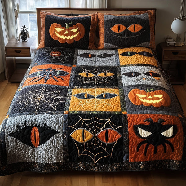 Creepy Halloween quilted 3-piece bedding set on a made bed against a dark styled interior