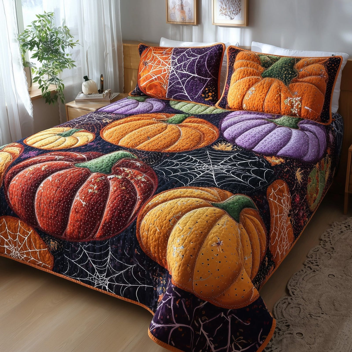Creepy Halloween quilted 3-piece bedding set on a made bed against a dark styled interior