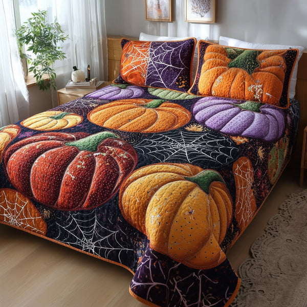 Creepy Halloween quilted 3-piece bedding set on a made bed against a dark styled interior