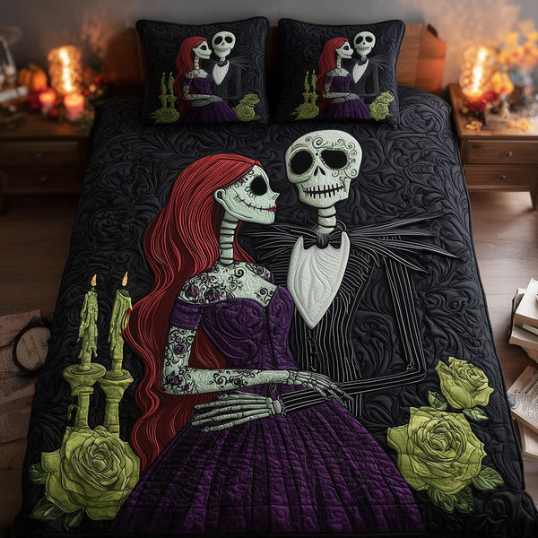 Creepy Love quilted 3-piece bedding set on a made bed against a dark styled interior
