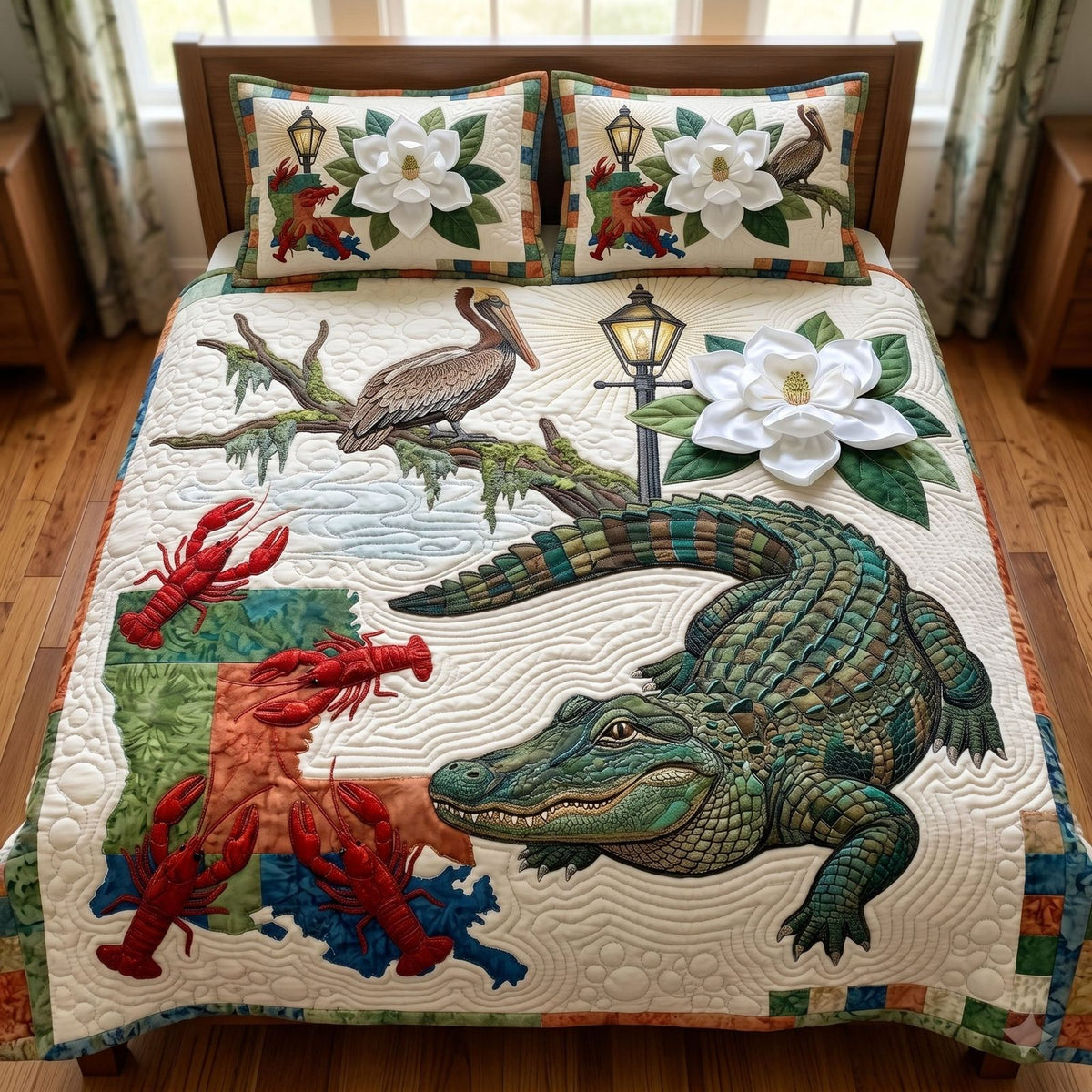 Creole quilted 3-piece bedding set on a made bed with two matching pillow shams