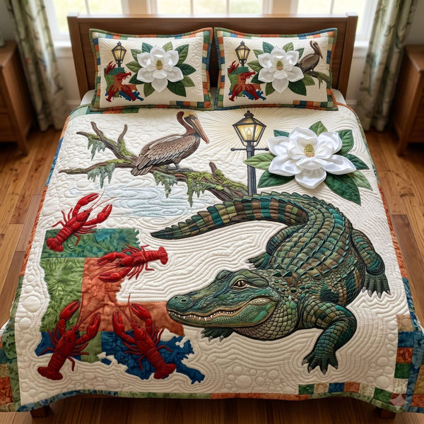 Creole quilted 3-piece bedding set on a made bed with two matching pillow shams