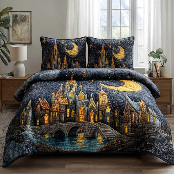 Crescent Castle Glow quilted 3-piece bedding set on a made bed with two matching pillow shams