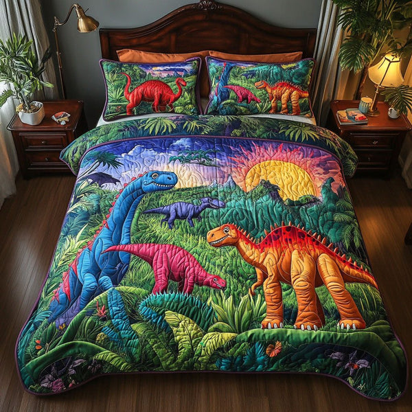 Cretaceous Colors quilted 3-piece bedding set on a made bed with two matching pillow shams