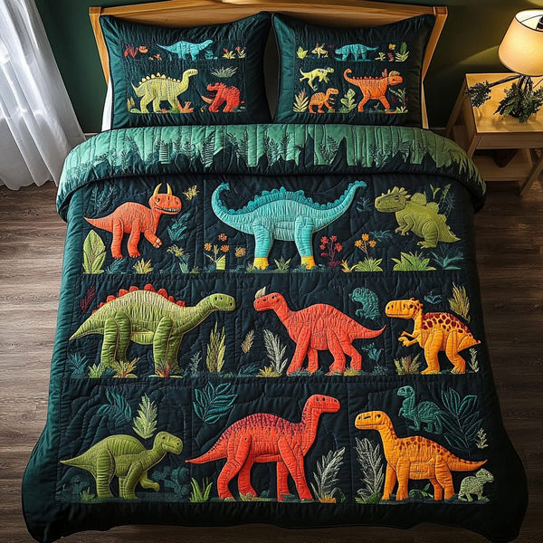 Cretaceous Cozy quilted 3-piece bedding set on a made bed with two matching pillow shams
