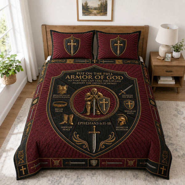 Crimson Armor Of God quilted 3-piece bedding set on a made bed in a softly lit bedroom