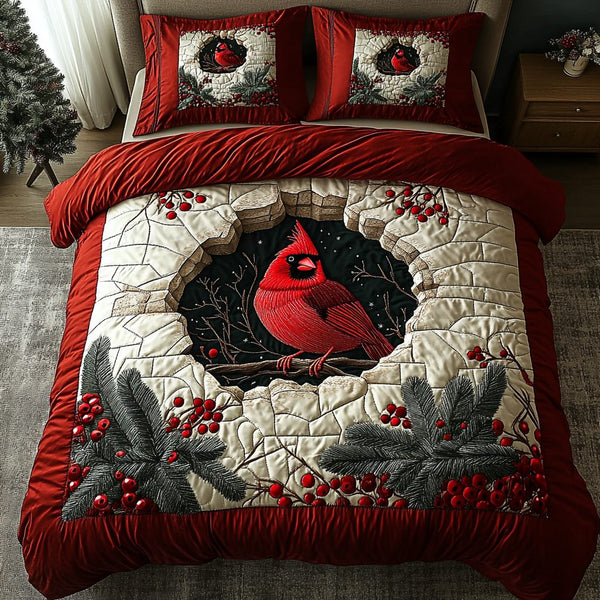 Crimson Birds quilted 3-piece bedding set on a made bed with two matching pillow shams