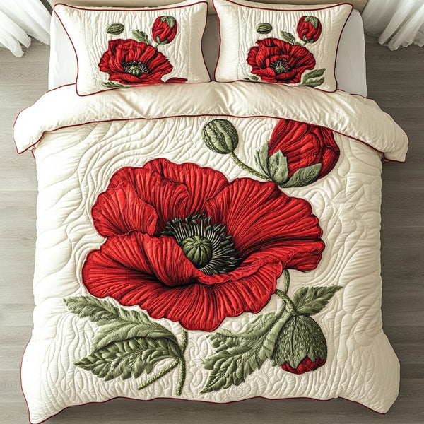 Crimson Bloom quilted 3-piece bedding set on a made bed with two matching pillow shams