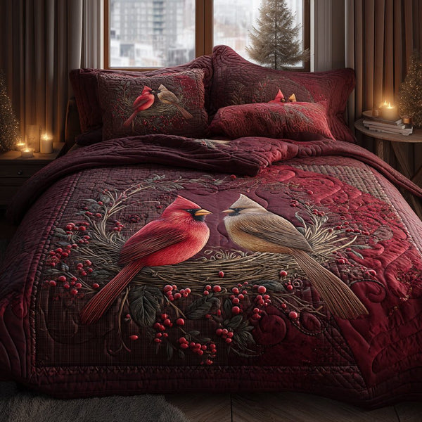 Crimson Branch quilted 3-piece bedding set on a made bed in a rustic timber bedroom