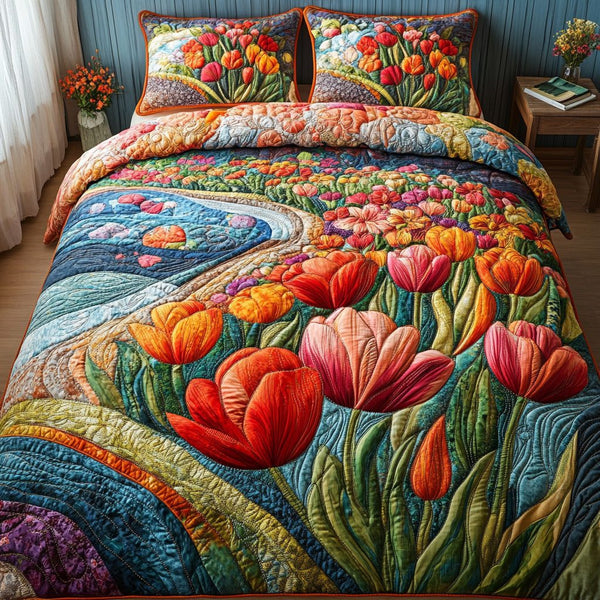 Crimson Buds quilted 3-piece bedding set on a made bed with two matching pillow shams