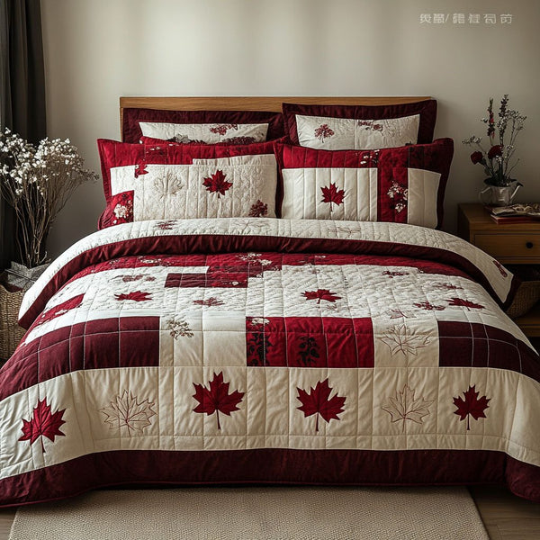 Crimson Canopy quilted 3-piece bedding set on a made bed with two matching pillow shams