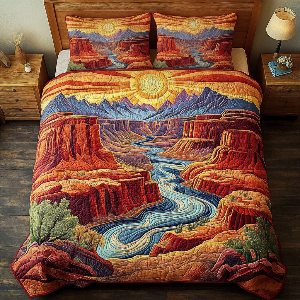 Crimson Canyons quilted 3-piece bedding set on a made bed with two matching pillow shams