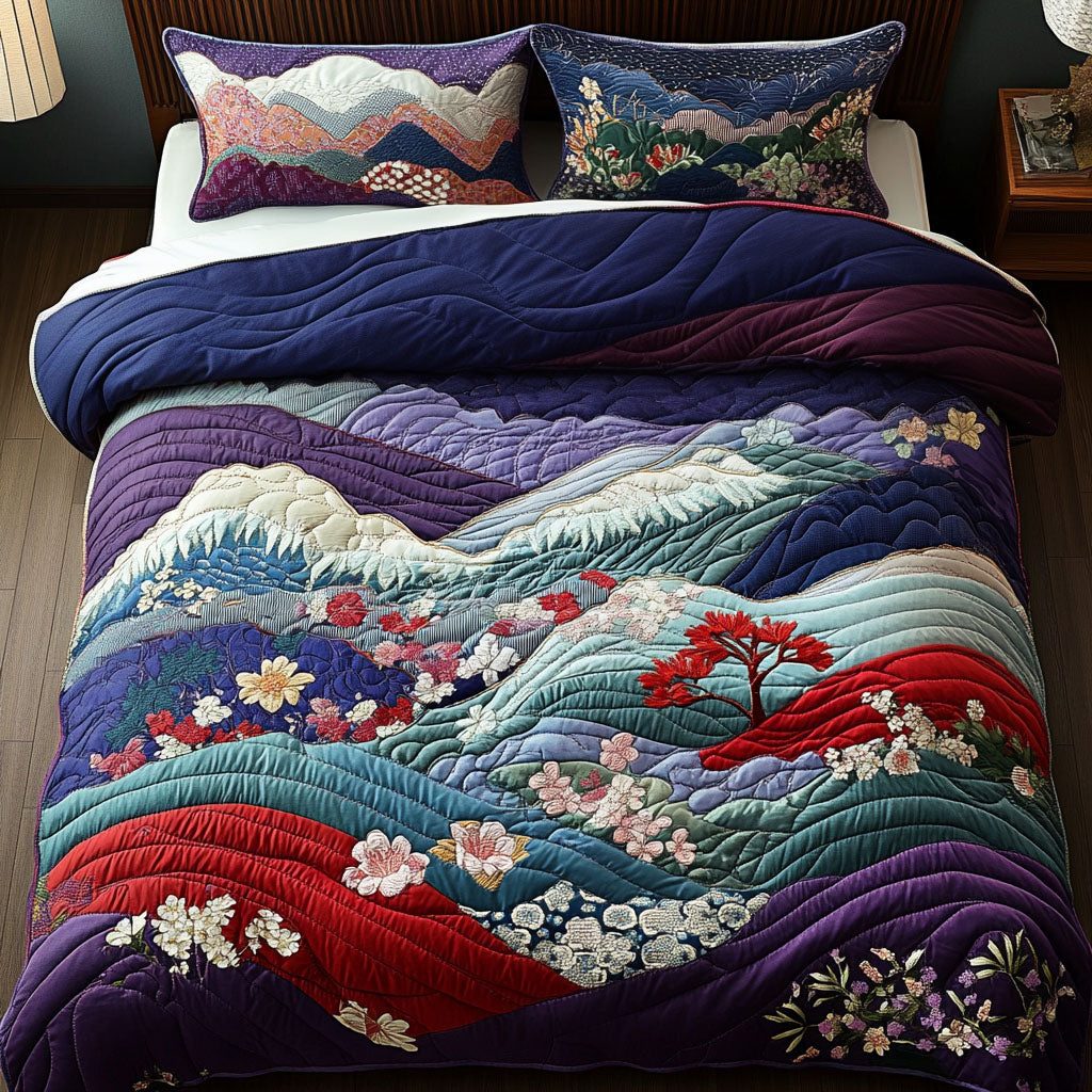 Crimson Cherry quilted 3-piece bedding set on a made bed with two matching pillow shams