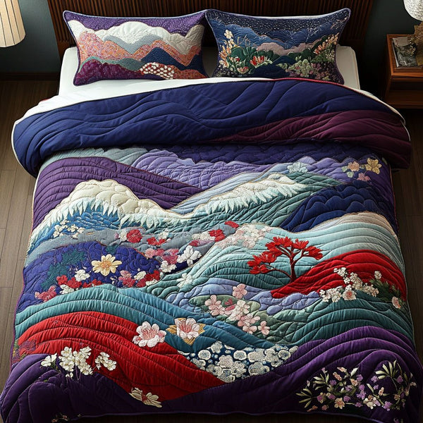 Crimson Cherry quilted 3-piece bedding set on a made bed with two matching pillow shams
