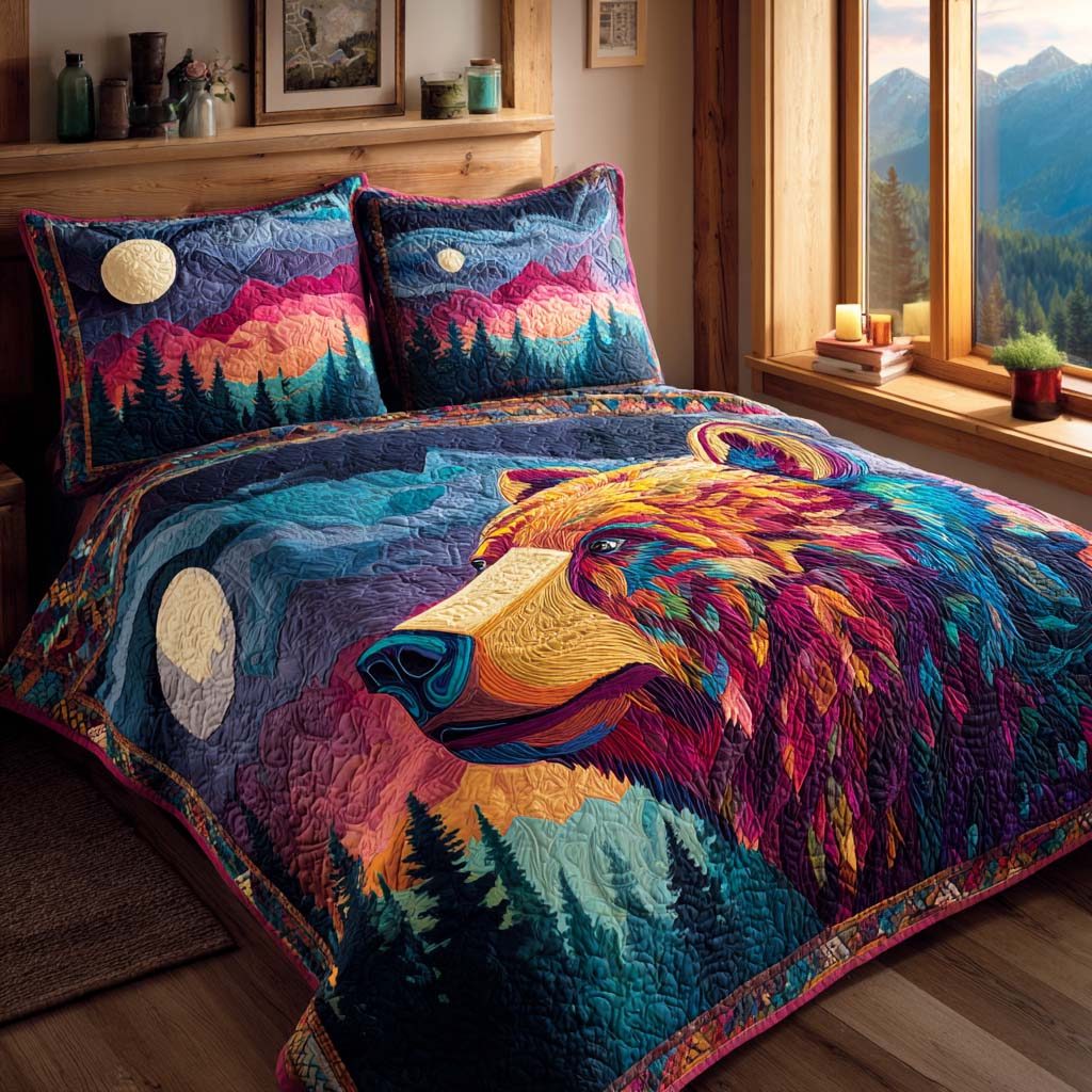 Crimson Claw quilted 3-piece bedding set on a made bed with two matching pillow shams