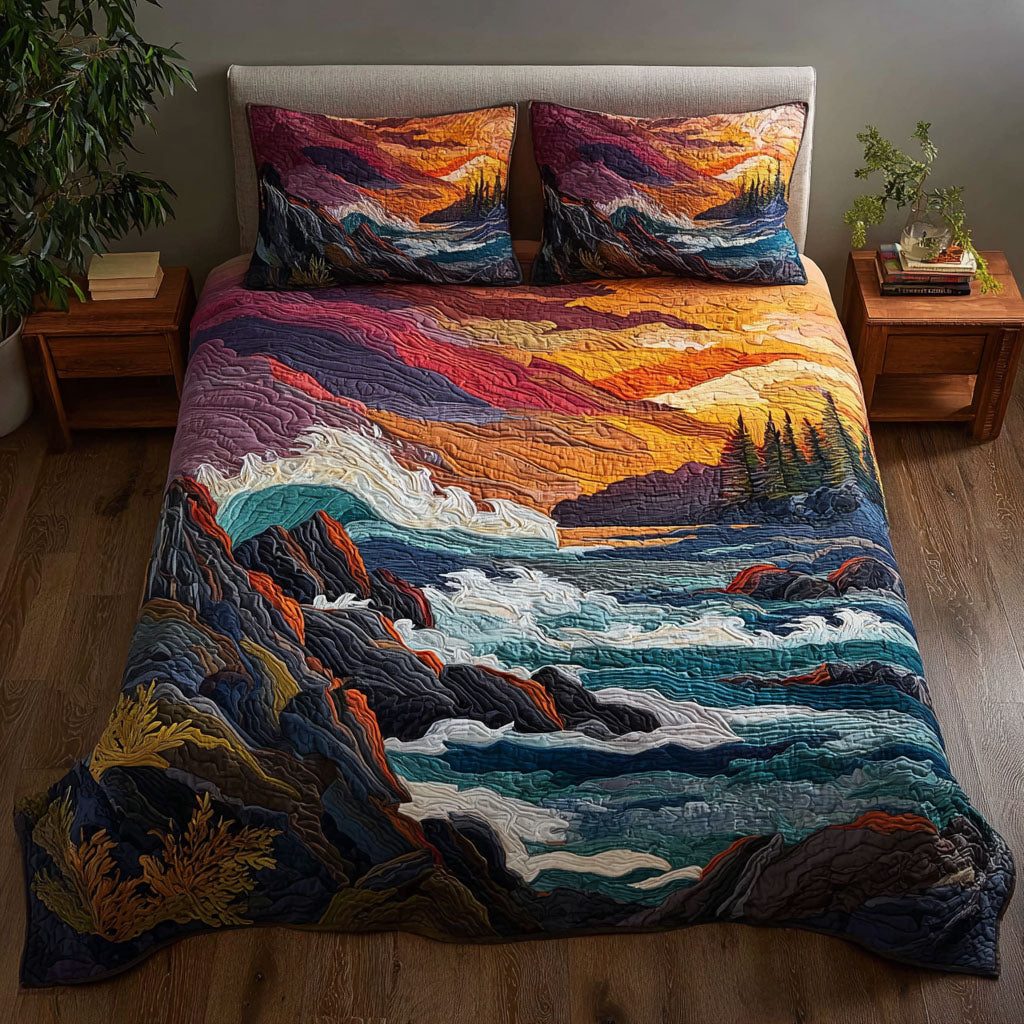 Crimson Coast quilted 3-piece bedding set on a made bed with two matching pillow shams
