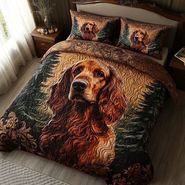 Crimson Companion quilted 3-piece bedding set on a made bed with two matching pillow shams