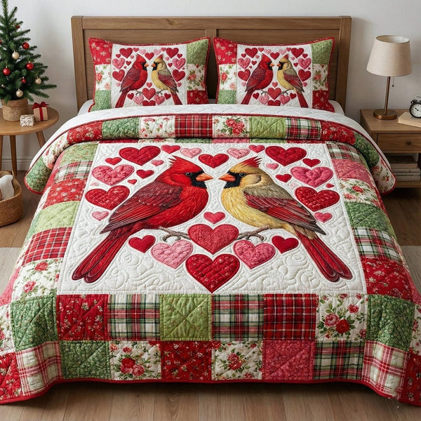 Crimson Companions quilted 3-piece bedding set on a made bed with two matching pillow shams