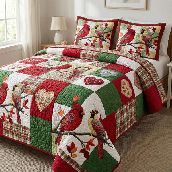 Crimson Companions quilted 3-piece bedding set on a made bed with two matching pillow shams