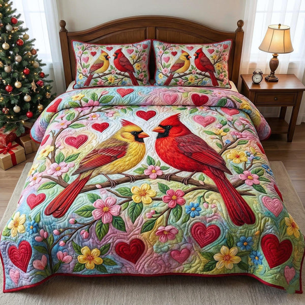 Crimson Companions quilted 3-piece bedding set on a made bed with two matching pillow shams