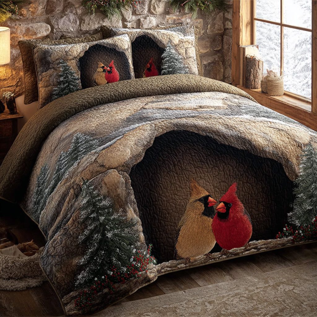 Crimson Companions quilted 3-piece bedding set on a made bed with two matching pillow shams