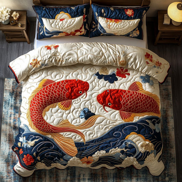 Crimson Current quilted 3-piece bedding set on a made bed with two matching pillow shams