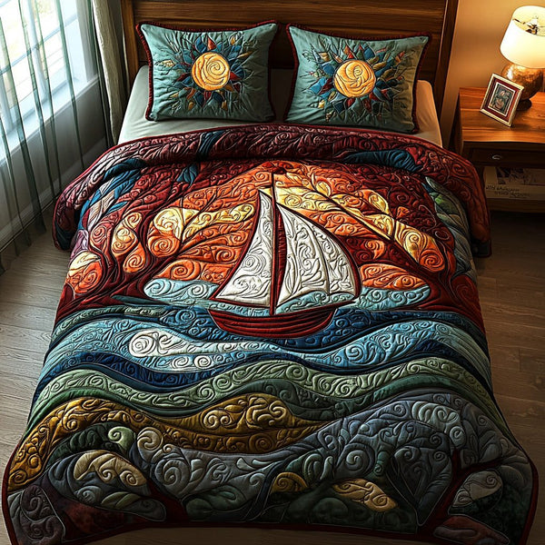 Crimson Currents quilted 3-piece bedding set on a made bed with two matching pillow shams