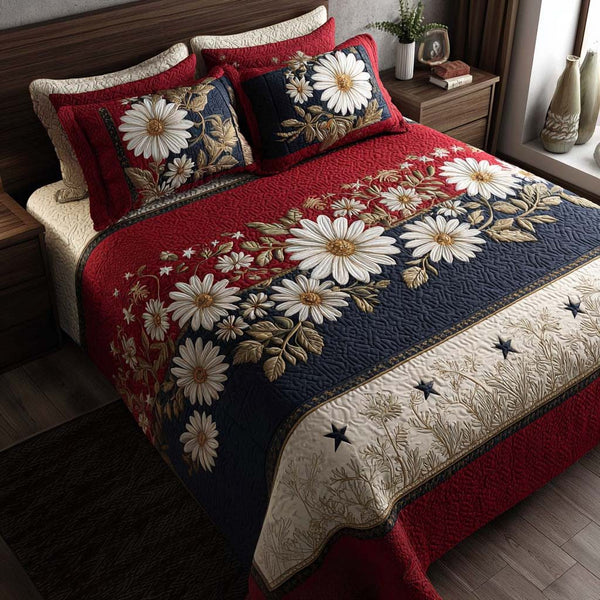Crimson Daisy quilted 3-piece bedding set on a made bed with two matching pillow shams