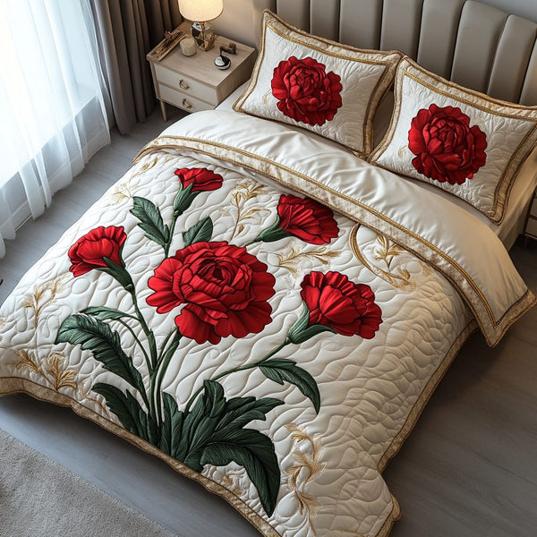 Crimson Delight quilted 3-piece bedding set on a made bed with two matching pillow shams