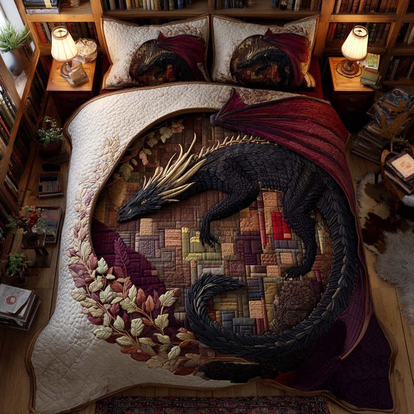 Crimson Dragon Chamber quilted 3-piece bedding set on a made bed with two matching pillow shams