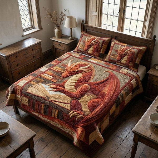 Crimson Dragon quilted 3-piece bedding set on a made bed with two matching pillow shams