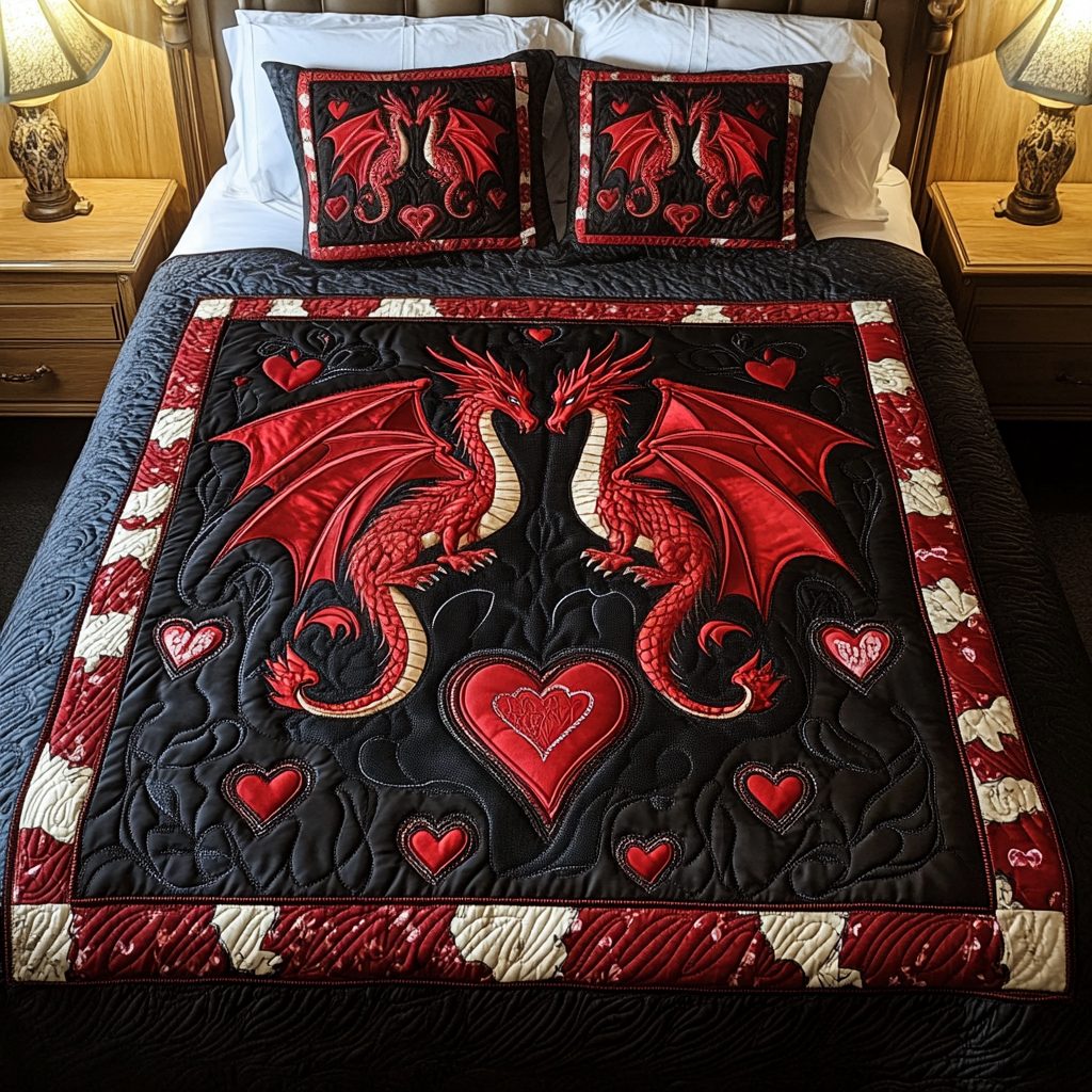 Crimson Dragons quilted 3-piece bedding set on a made bed with two matching pillow shams