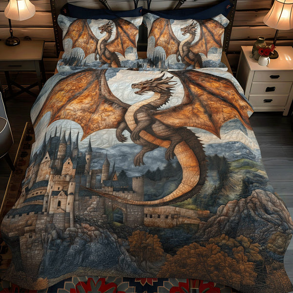 Crimson Ember quilted 3-piece bedding set on a made bed with two matching pillow shams