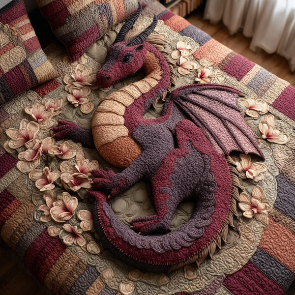 Crimson Fang Guardian quilted 3-piece bedding set on a made bed with two matching pillow shams