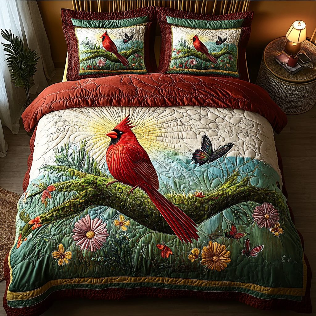 Crimson Flight quilted 3-piece bedding set on a made bed with two matching pillow shams