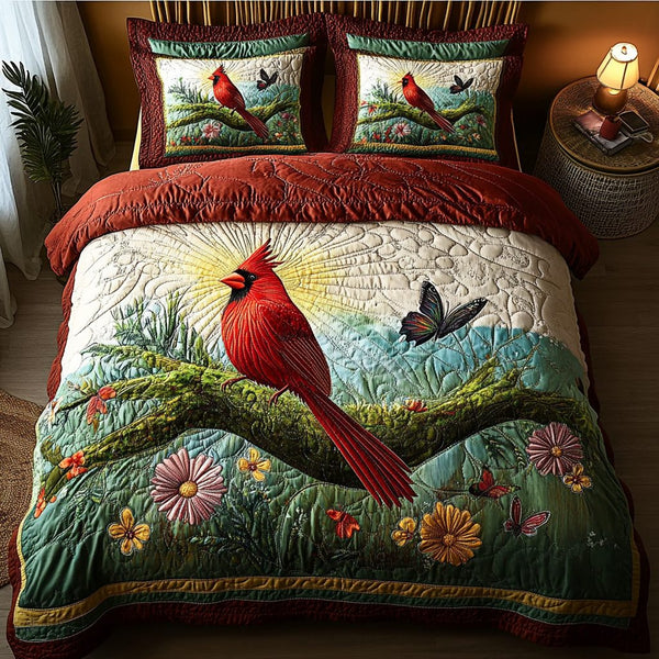 Crimson Flight quilted 3-piece bedding set on a made bed with two matching pillow shams