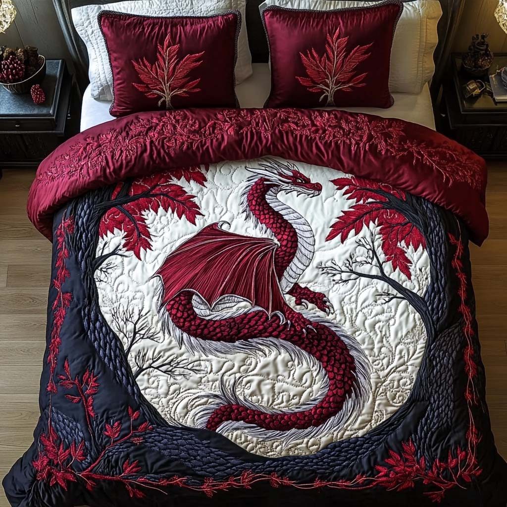 Crimson Flight quilted 3-piece bedding set on a made bed with two matching pillow shams